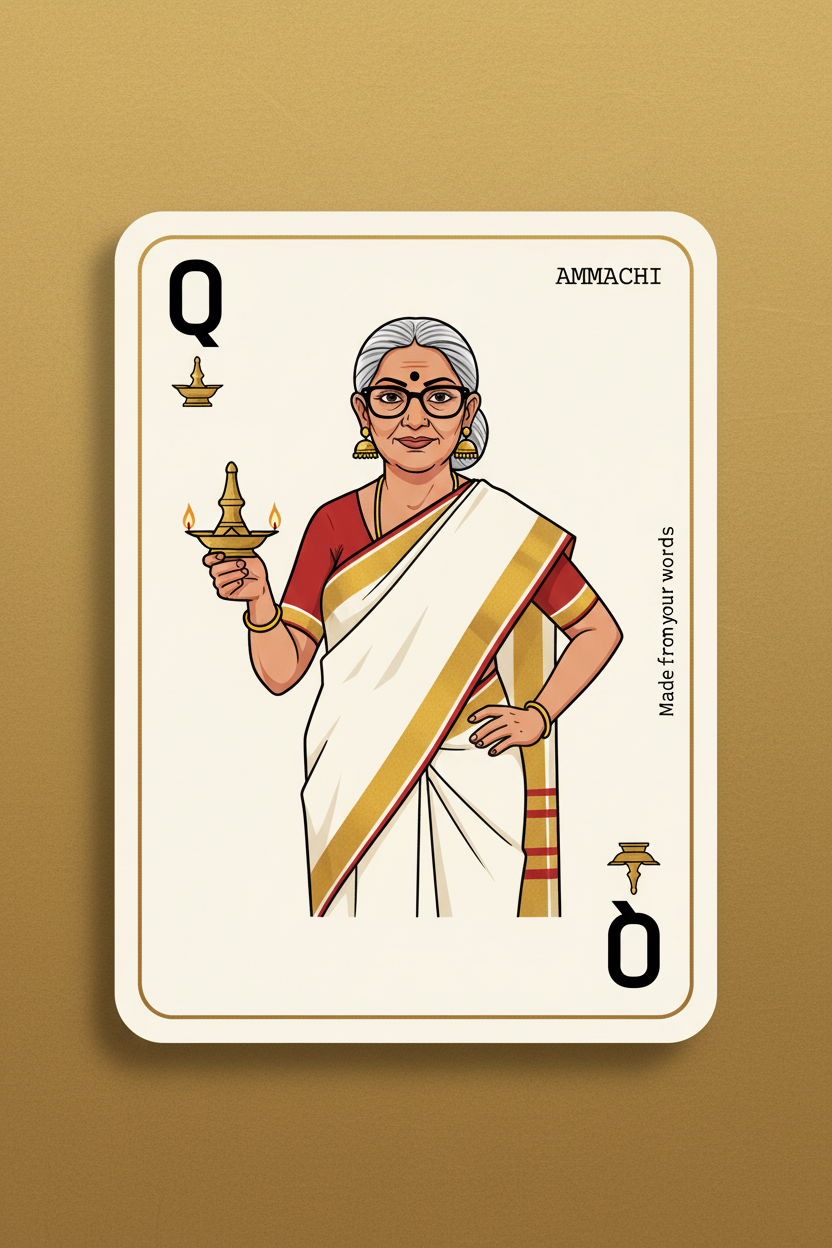 Queen playing-card artwork of an ammachi in a kasavu saree holding a brass lamp, titled 'Ammachi'