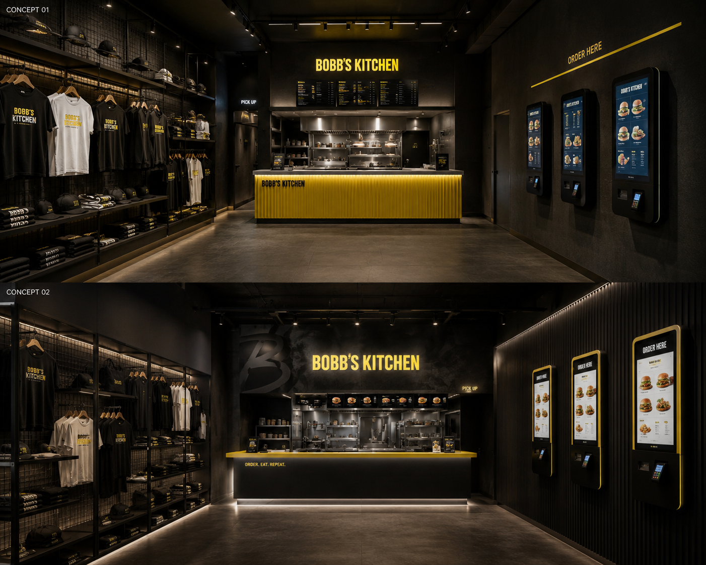 AI Retail Store interior with gold shelves and kiosks