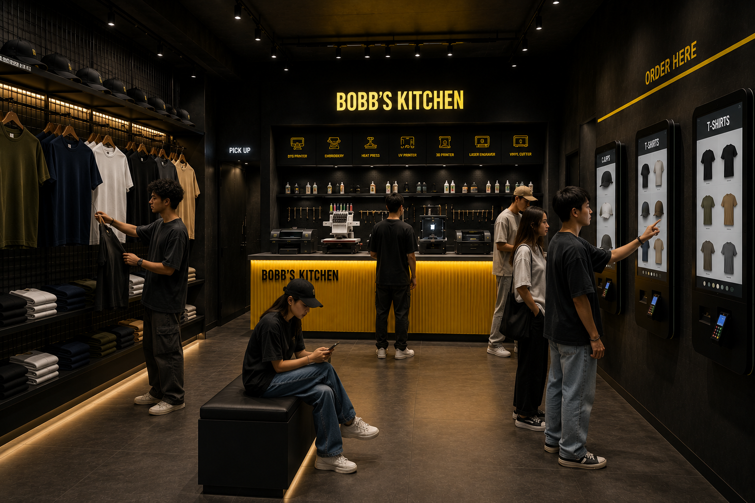 Close view of apparel and interactive screens