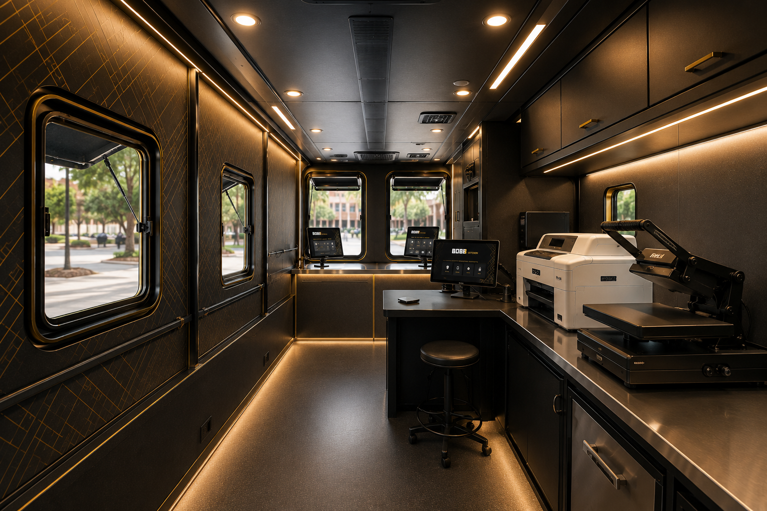Inside the van: warm-lit black cabinetry, printer and heat press at the production bench