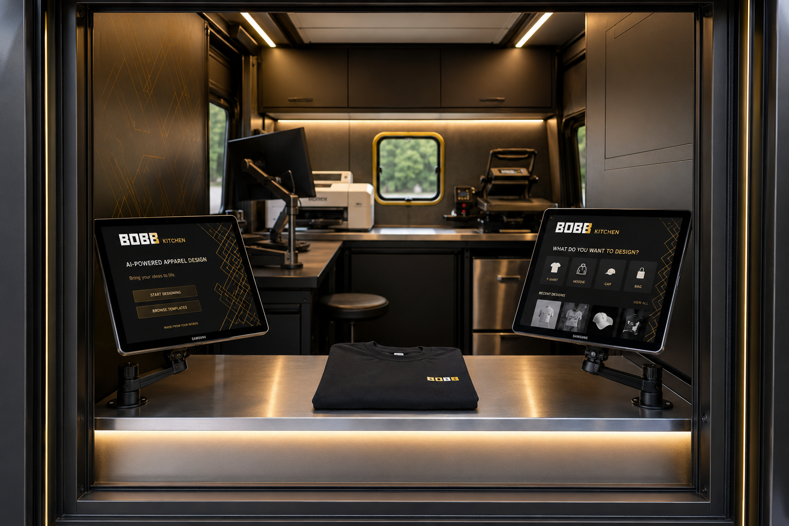 The van's serving window: two tablets running the BOBB Kitchen design interface with a folded black tee on the steel counter