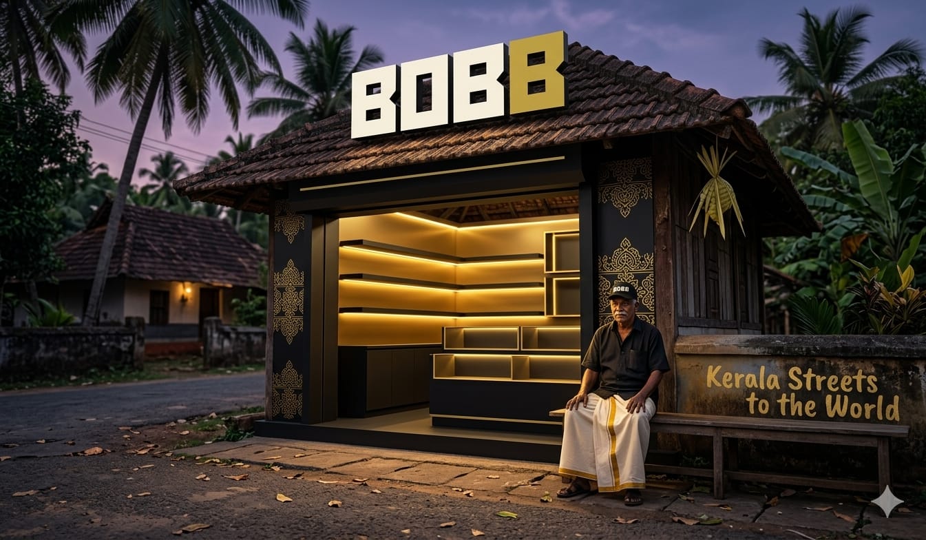 A BOBB corner shop in a Kerala village at dusk, warm gold shelves glowing, a man in a mundu and BOBB cap sitting outside beside a wall reading 'Kerala Streets to the World'