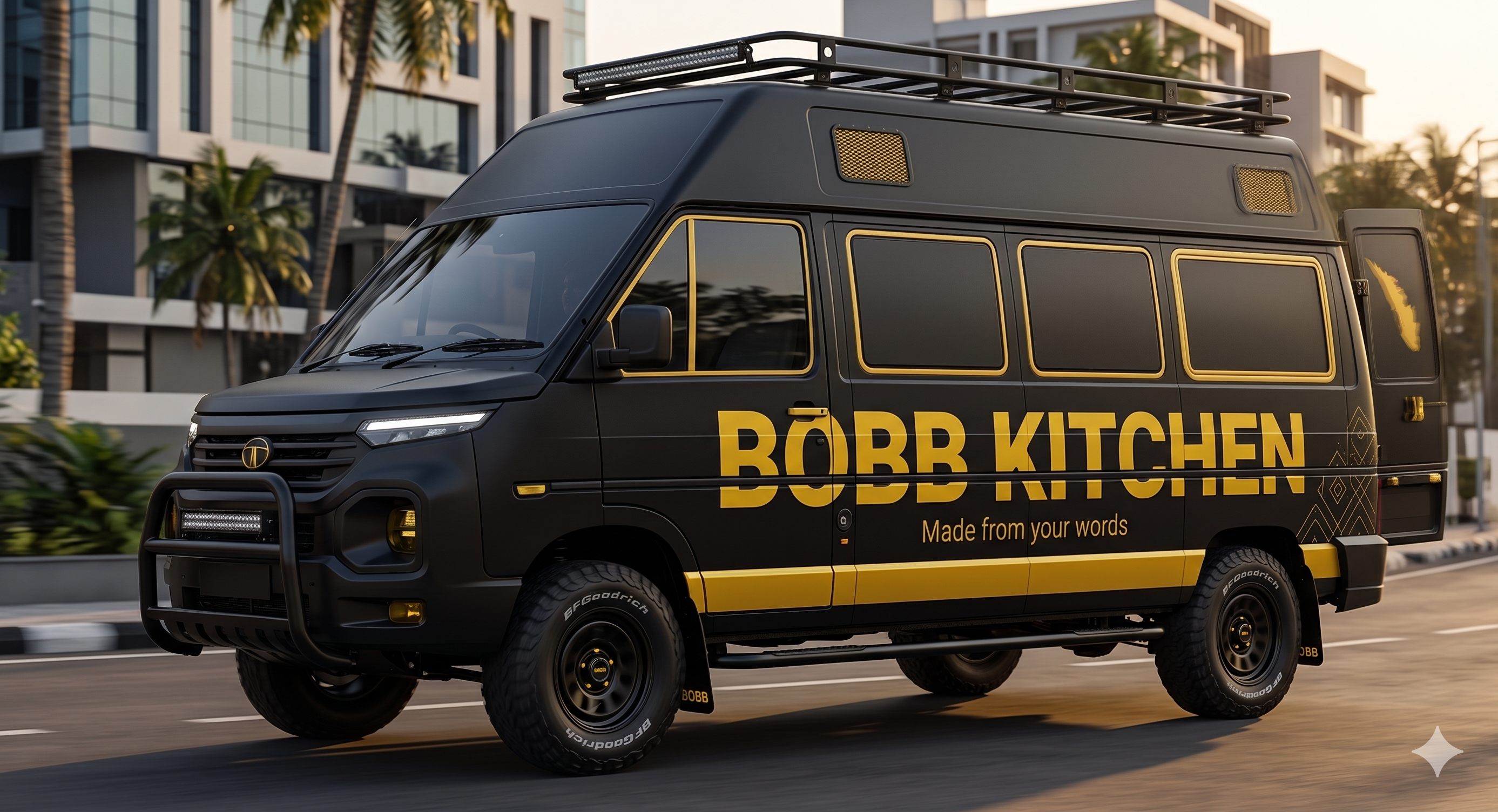 The BOBB Kitchen van driving past palm-lined buildings in Kannur, black with gold window trim