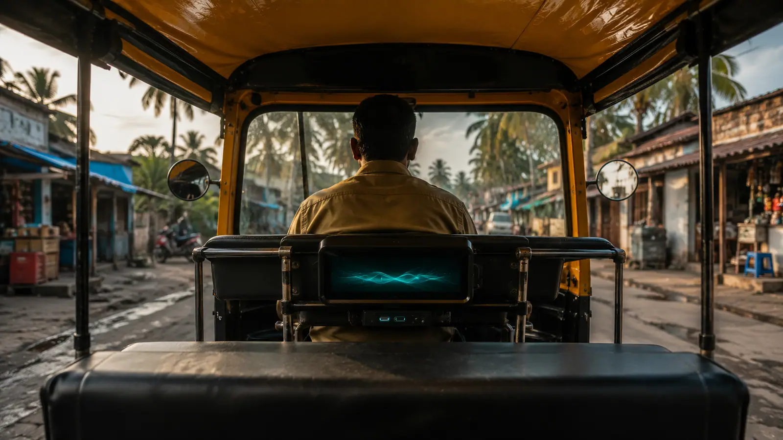Passenger view from an autorickshaw seat showing a digital console mounted on the driver seat back, with a palm-lined street ahead.
