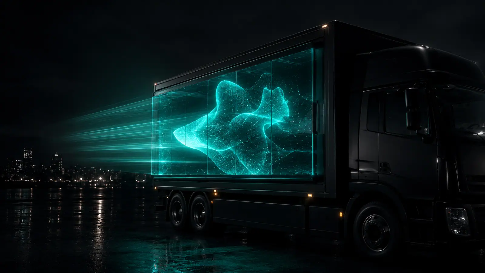 Matte black truck with a glass trailer section displaying a glowing teal holographic form beside water at night.