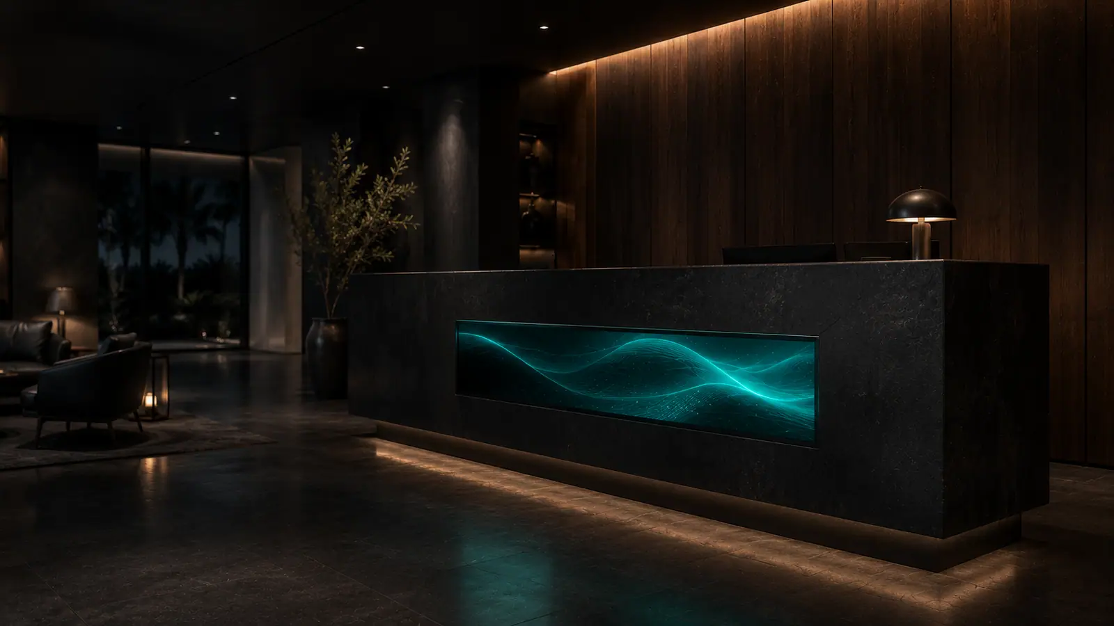 Dark stone reception desk with a wide embedded digital display showing a teal wave pattern in a night-lit lobby.