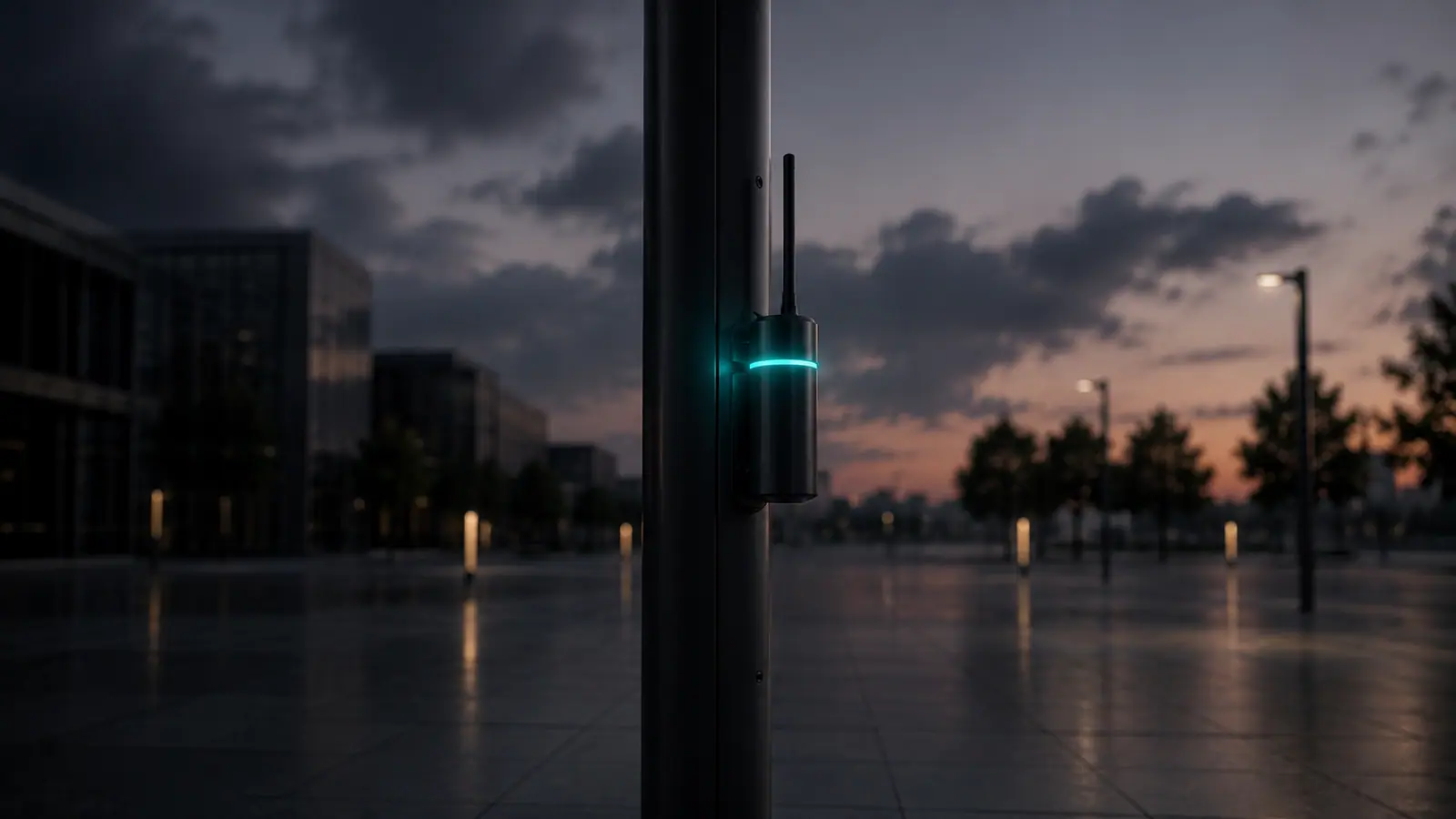 Close-up of a matte black cylindrical device with antenna and cyan status ring mounted on a pole in an urban plaza at dusk.