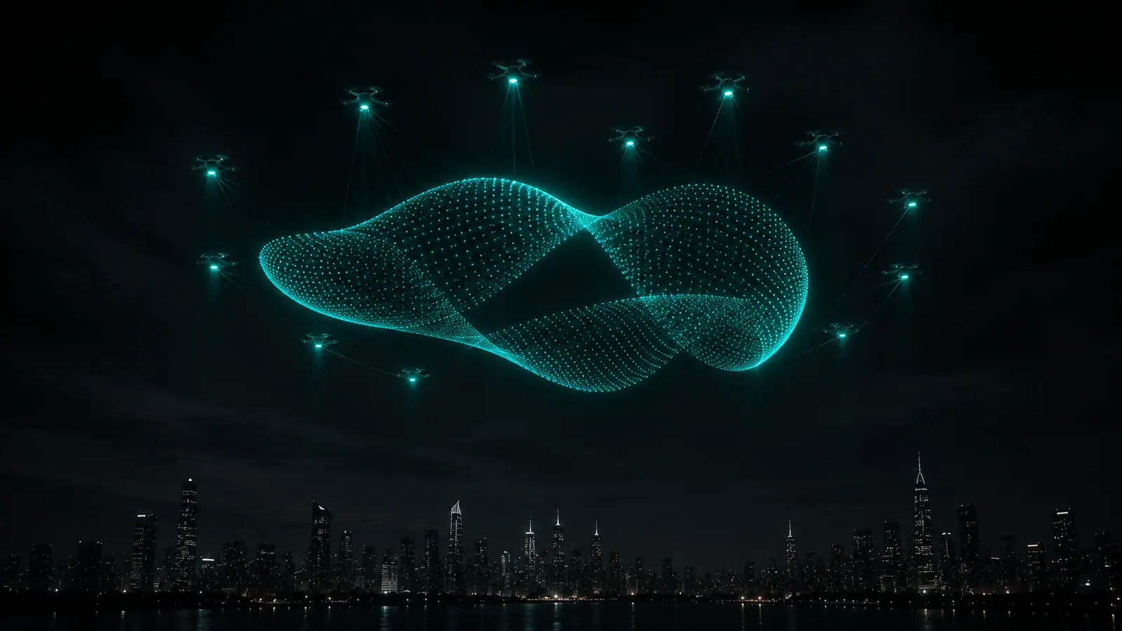 Night sky over a city waterfront with drones and a large cyan light formation suspended above the skyline.