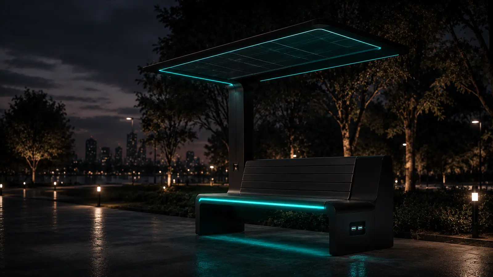 Solar-canopy smart bench with cyan LED edge lighting and USB ports in a park at night.