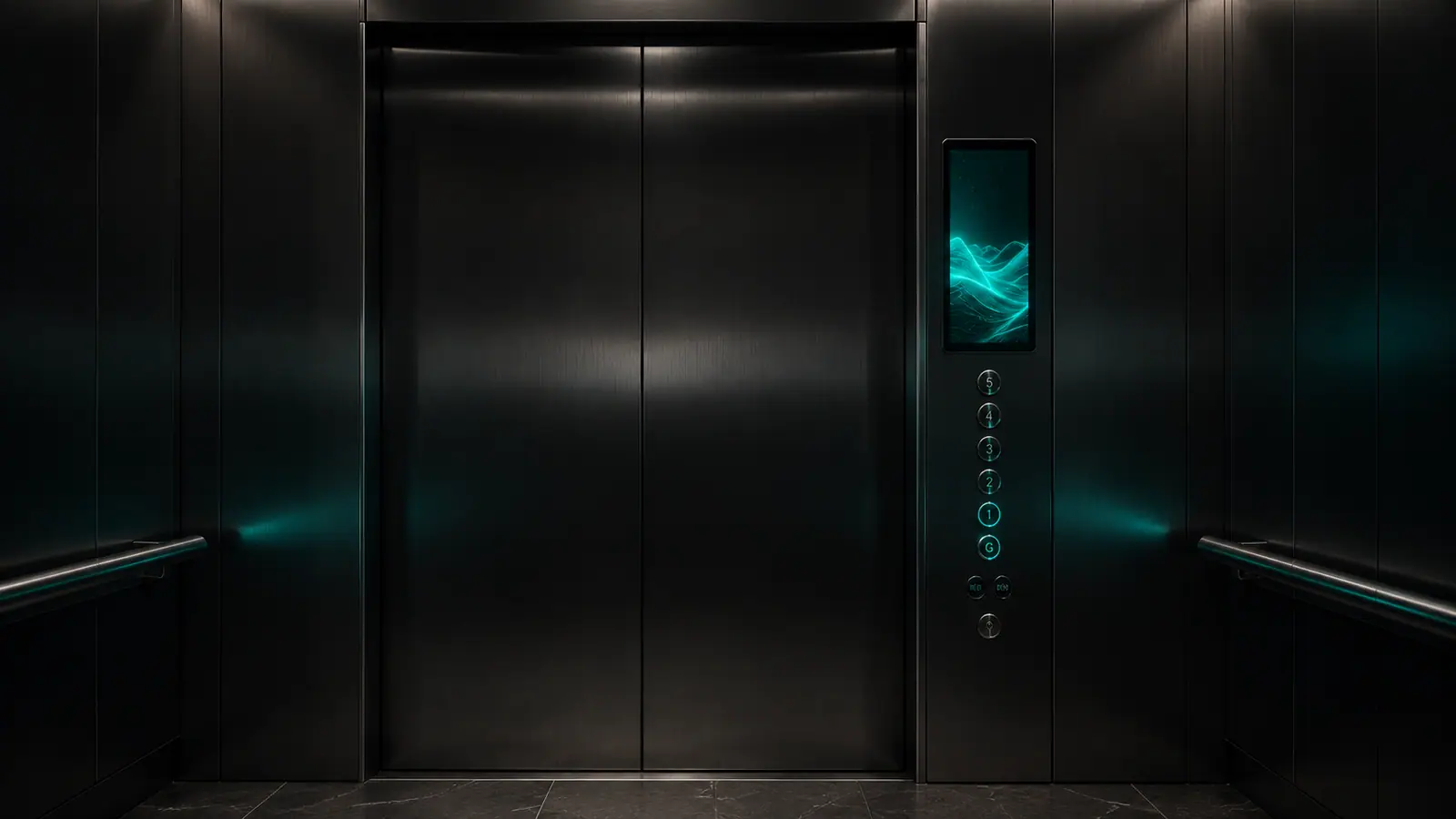 Interior of a dark metal elevator cabin with a vertical digital screen and cyan-lit floor buttons.