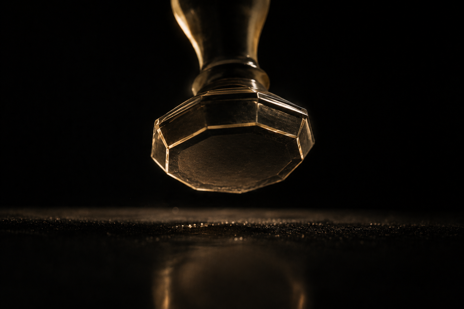 A faceted crystal seal base hovering above a dark reflective surface, edged in gold light.