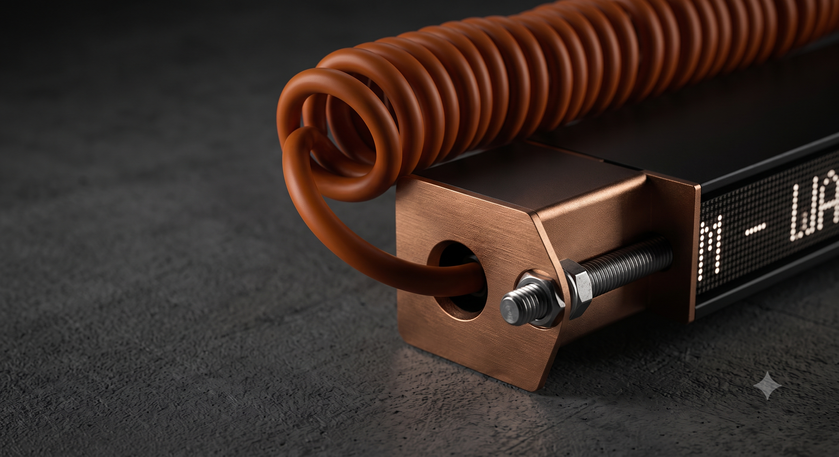 Macro of brushed bronze end cap, stainless fastener, and orange coiled conduit on an OBLIK extrusion