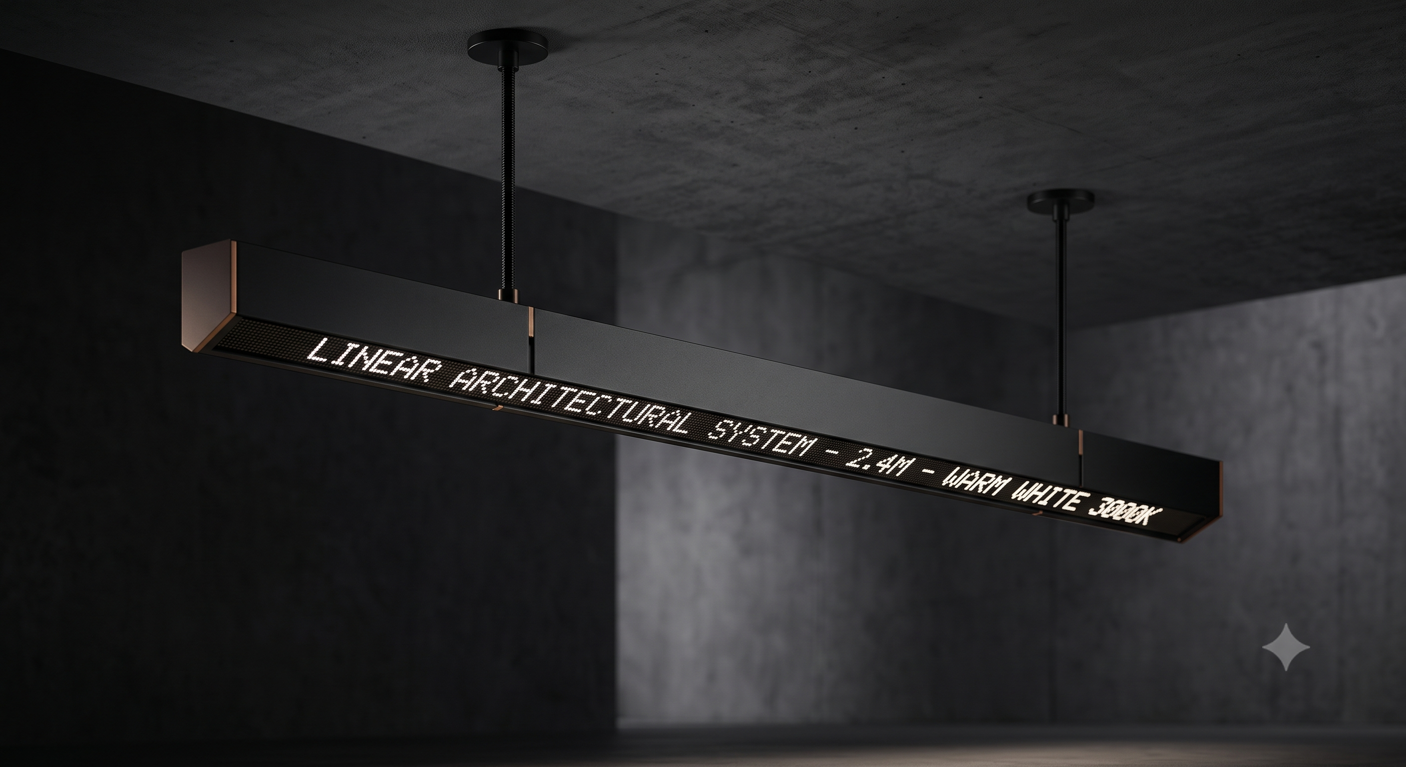 Suspended OBLIK linear fixture in a raw concrete volume — architectural digital system in situ