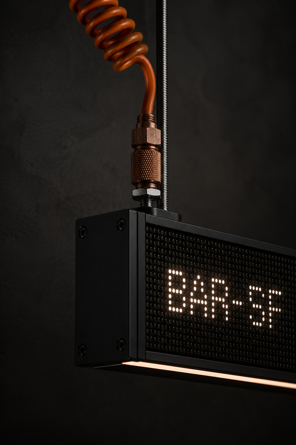 Close detail of OBLIK Bar single-face extrusion with coiled conduit entry and bronze coupler