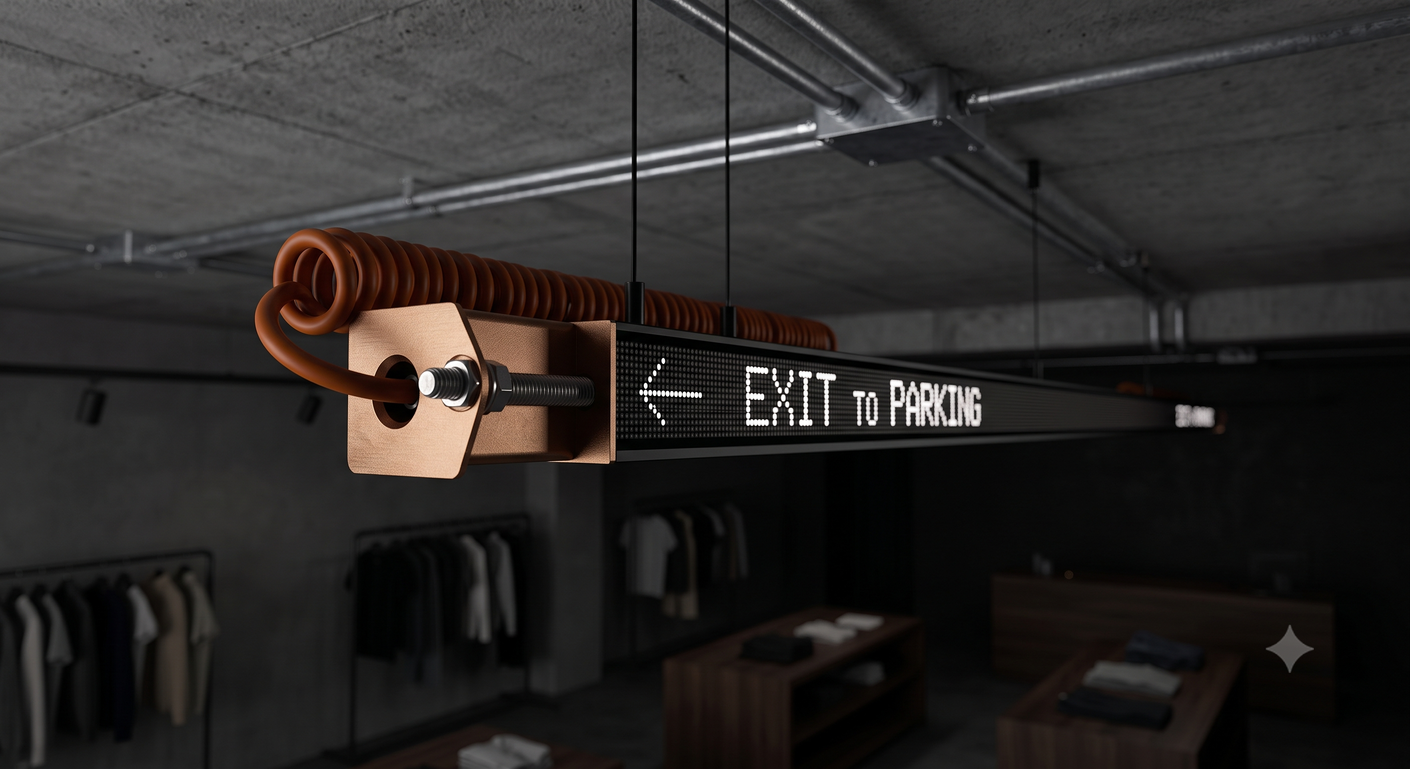 OBLIK Bar suspension fixture with bronze end cap used for wayfinding in a retail interior