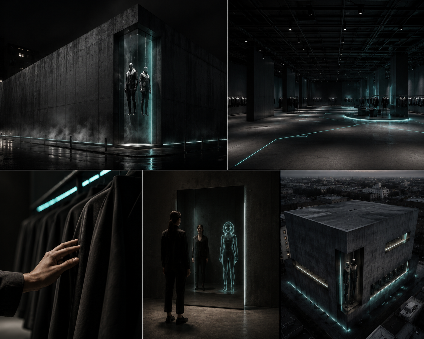 Concept collage — exterior, VR floor, fabric touch, mirror twin, aerial monolith