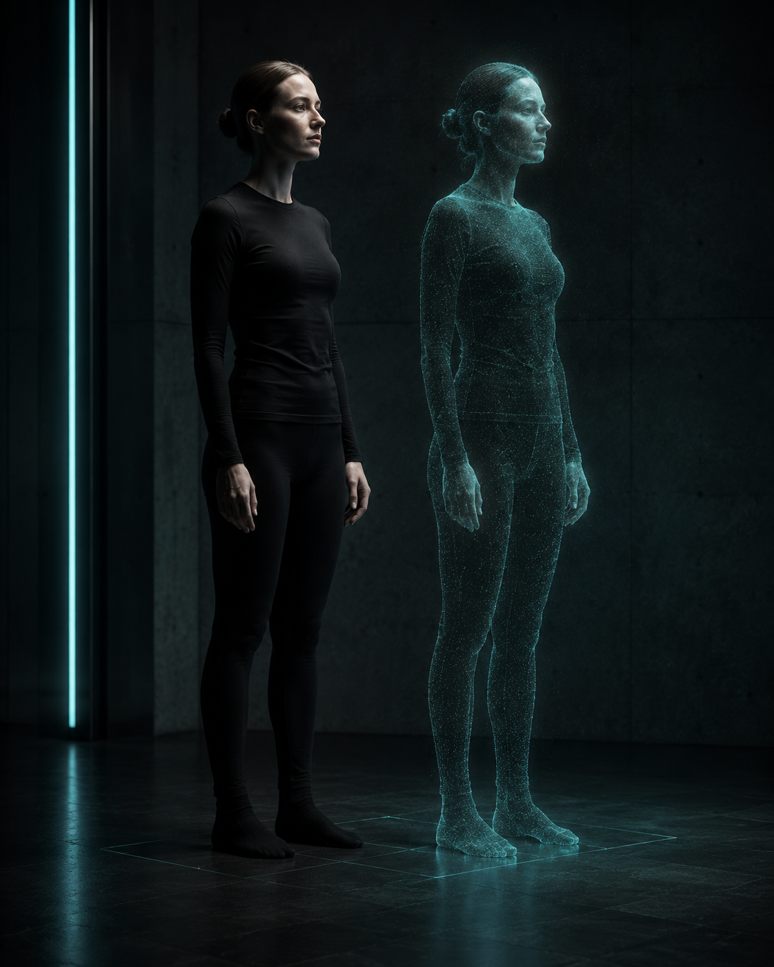 Physical subject beside a teal particle digital twin on glowing floor pads