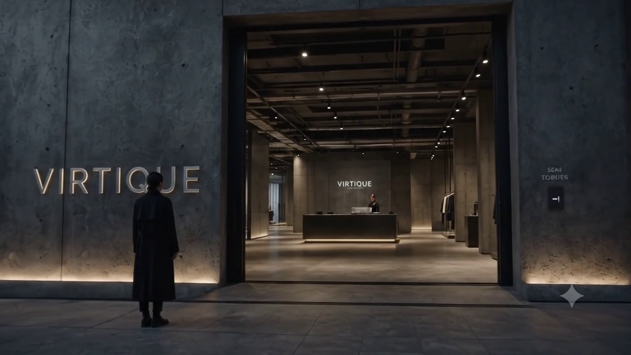 Night entrance to the VIRTIQUE concept facade