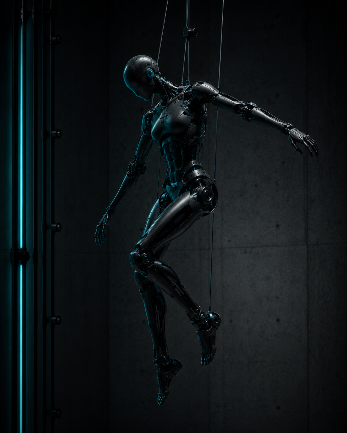 Matte-black robotic mannequin suspended against board-formed concrete
