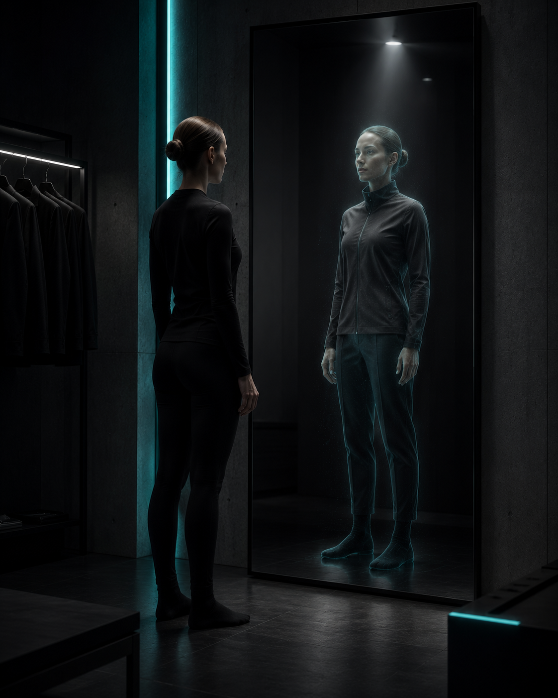 Visitor before a virtual mirror with digital twin wearing a different garment