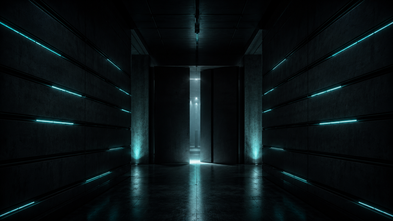 Portal corridor with teal wayfinding light strips