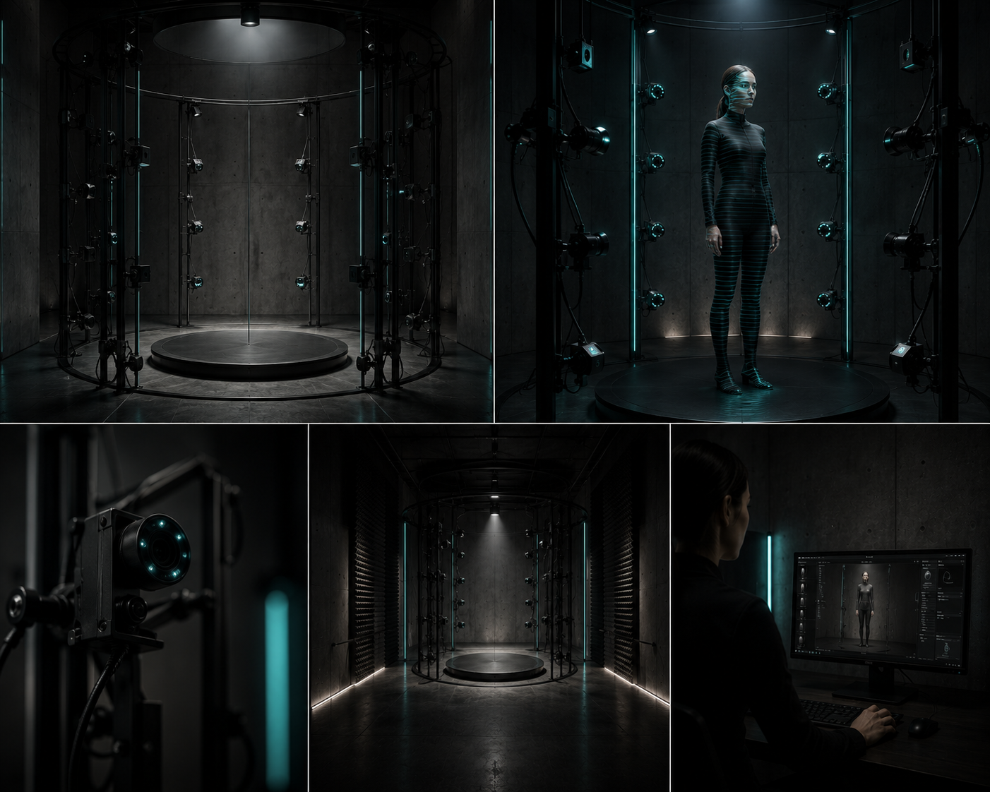 Identity studio collage — scan bay, sensors, operator twin UI