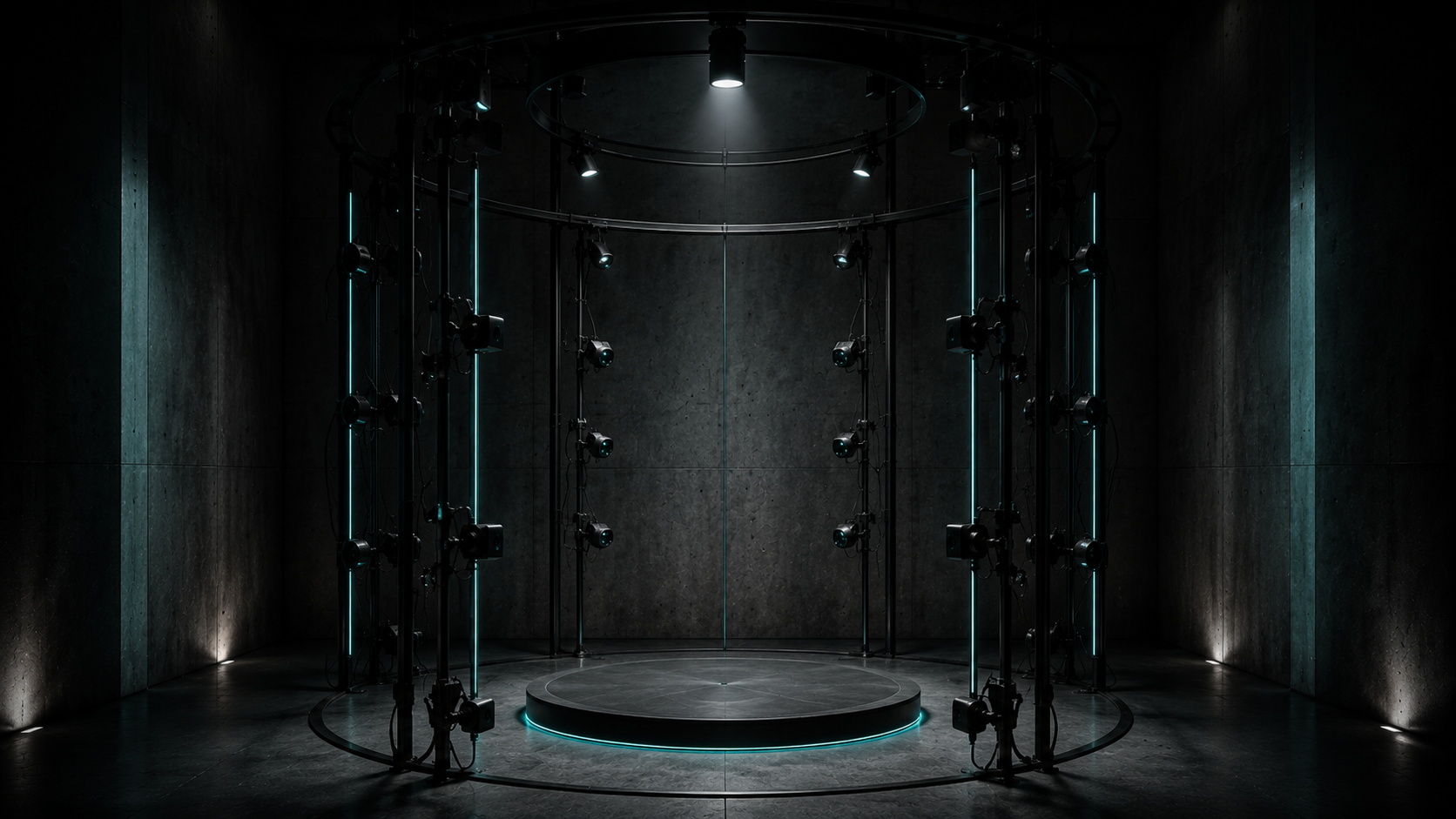 Empty volumetric scan bay with cylindrical camera scaffold and teal ring platform