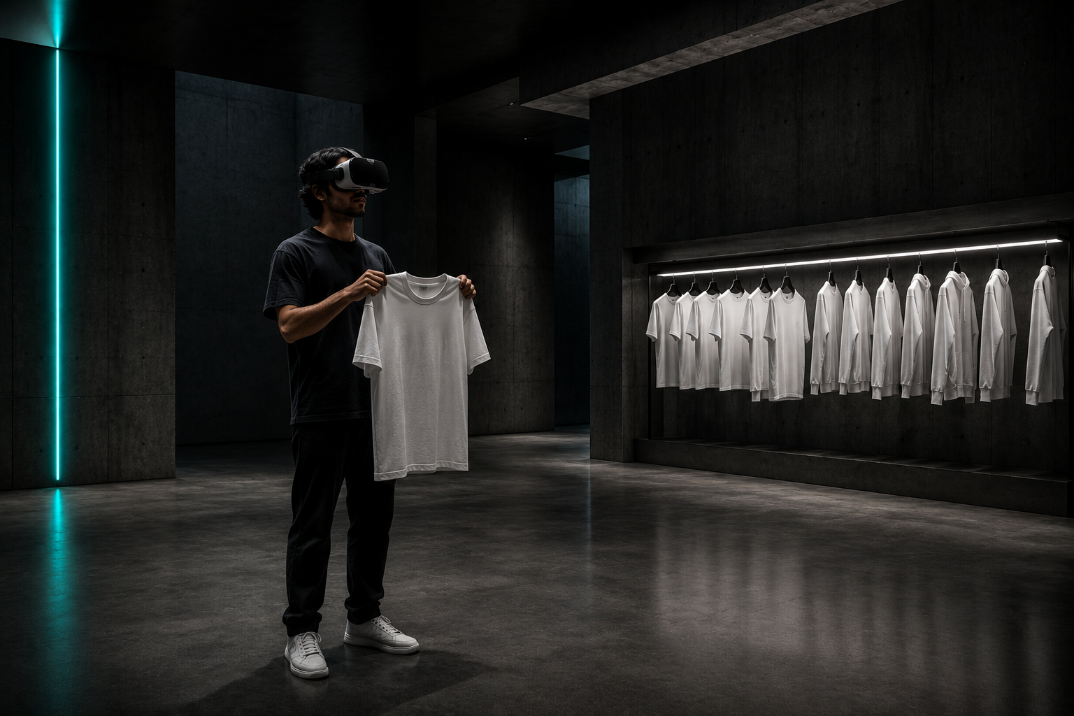 Visitor in headset holding a white tee on the VR try-on floor
